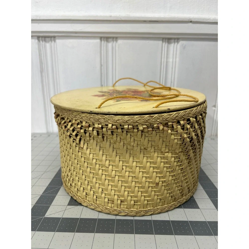 Vintage Princess Sewing Basket Yellow Wicker Round Lid Handle Floral 1940s